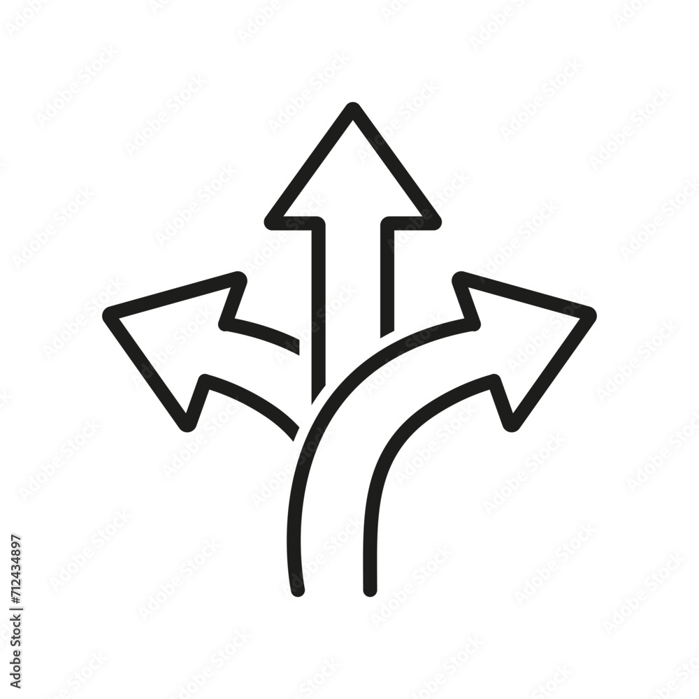 Three way arrow icon, three way direction icon vector isolated on white background. Three way arrow icon, three way direction icon vector isolated on white background.