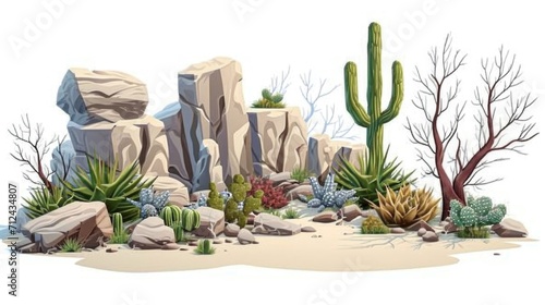 A barren desert landscape with cactus plants and rocks. Suitable for travel brochures or nature-themed designs