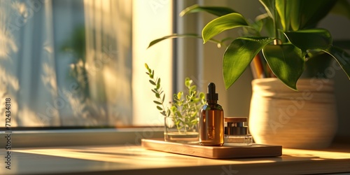 A bottle of essential oil sitting on a counter next to a potted plant. This image can be used to depict aromatherapy or natural remedies