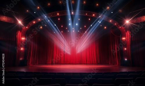 Theater stage lights background with spotlights illuminating the stage for opera performance. Stage lighting. Empty stage with bright color background decoration. Entertainment show. Generative Ai 