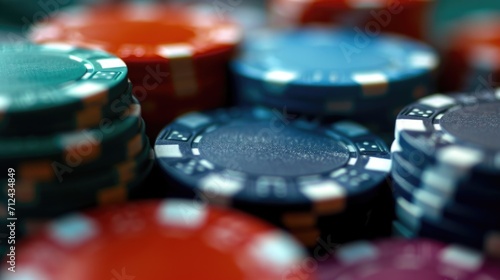 A pile of poker chips sitting on top of a table. Suitable for casino or gambling-related designs