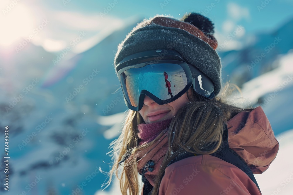 A woman is pictured wearing a hat and goggles on top of a snow-covered mountain. This image can be used to depict outdoor activities, winter sports, or adventure travel A woman is pictured wearing a hat and goggles on top of a snow-covered mountain. This image can be used to depict outdoor activities, winter sports, or adventure travel