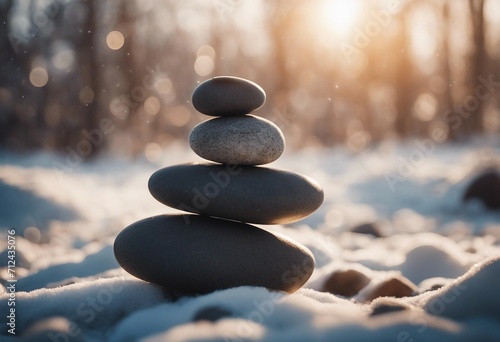 Stack of pebbles or stones on winter outdoor background Winter yoga