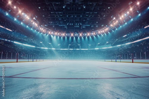An empty ice hockey rink illuminated by spotlights. Ideal for sports-related designs and publications