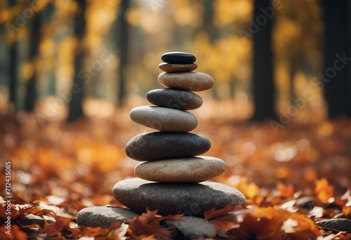 Stone tower in autumn Stones Balance Natural stones under the autumn leafs