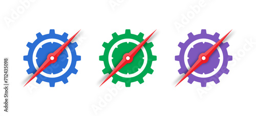 blue wheel and red pointer. green wheel and compass concept. purple wheel and red compass pointer