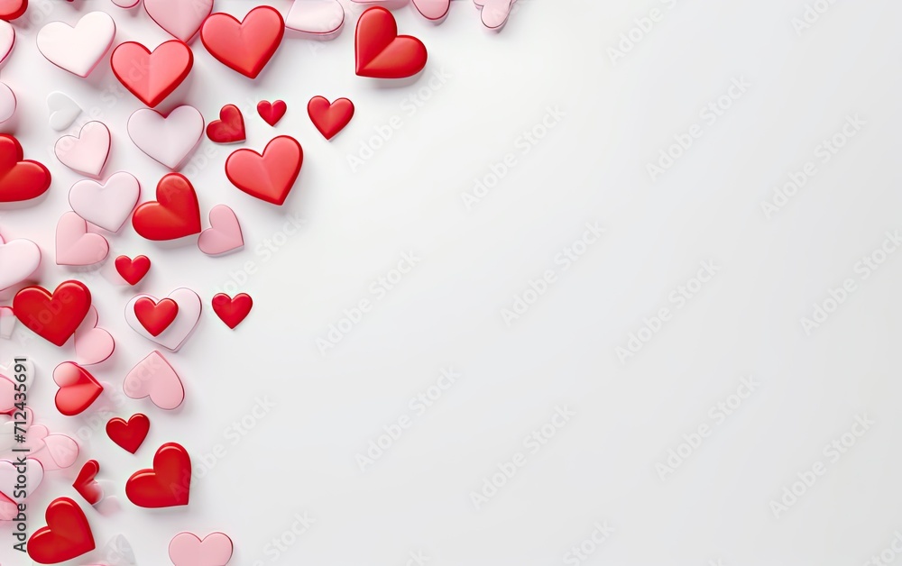 Valentine's Day background with 3d red and pink hearts on a simple white background, flat lay with copy space Valentine's Day background with 3d red and pink hearts on a simple white background, flat lay with copy space
