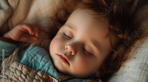 A little girl peacefully sleeping on a bed. Suitable for illustrating relaxation, bedtime routines, and children's sleep habits photo
