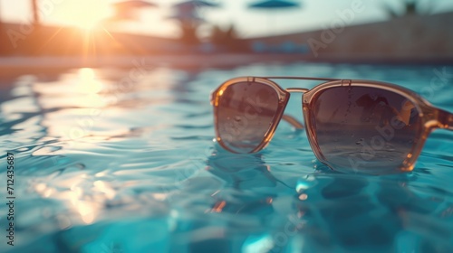 A pair of sunglasses sitting on the edge of a pool. Perfect for summer themes and vacation concepts