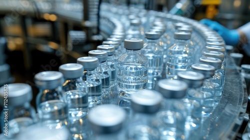 A conveyor belt filled with bottles of water, ready for packaging and distribution. Perfect for illustrating the manufacturing and distribution process of bottled water.