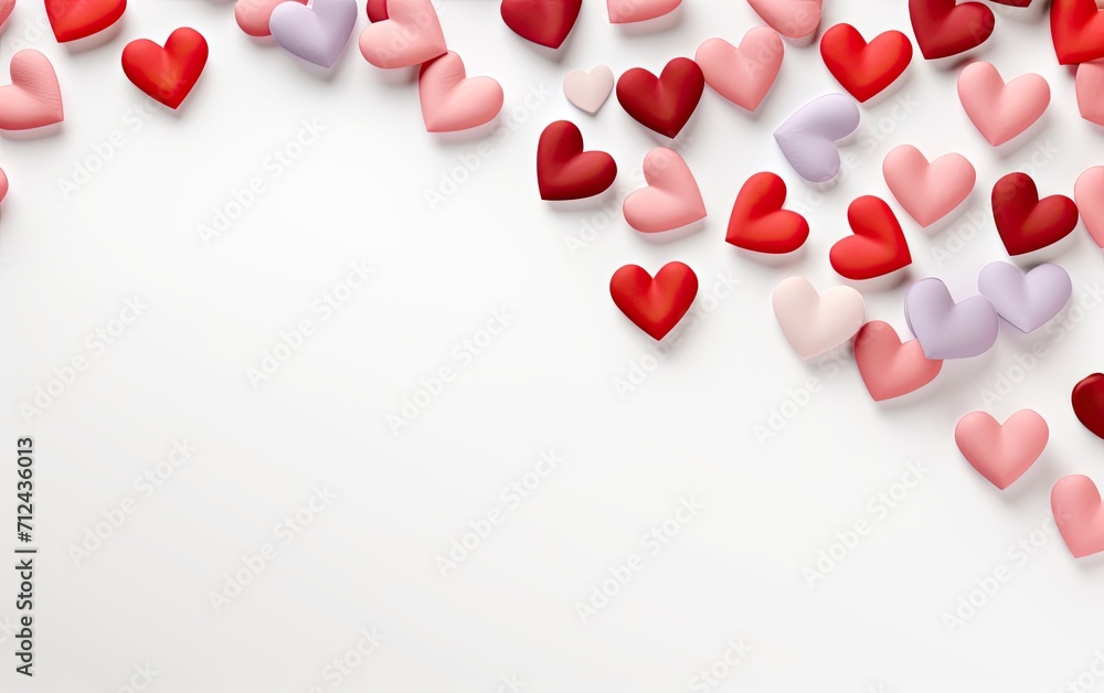 Valentine's Day background with 3d red and pink hearts on a simple white background, flat lay with copy space