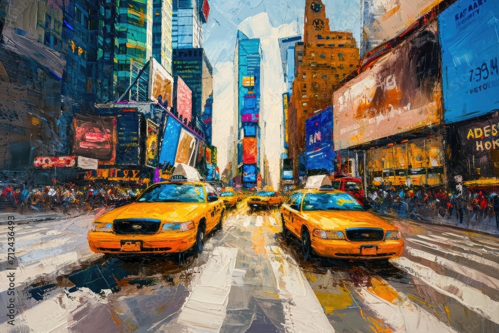 A vibrant painting capturing the bustling atmosphere of a city street filled with colorful taxi cabs. Perfect for illustrating urban life and transportation. - obrazy, fototapety, plakaty 