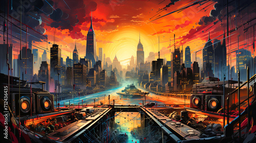 Futuristic City Artistry  Illustration of Urban Skyline with Skyscrapers  Street  and Sci-Fi Elements.