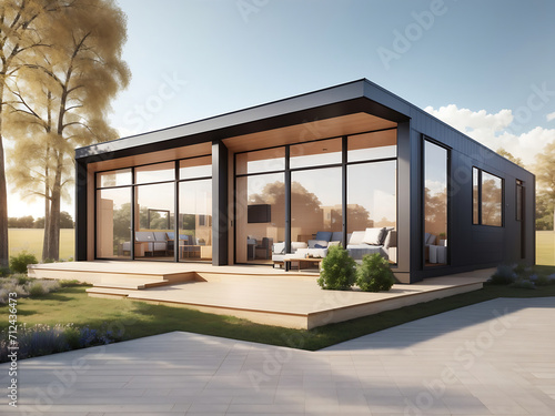 Modular houses are designed with a single floor and expansive windows that offer wide views. These houses are constructed using sandwich panels. 3D Rendering
