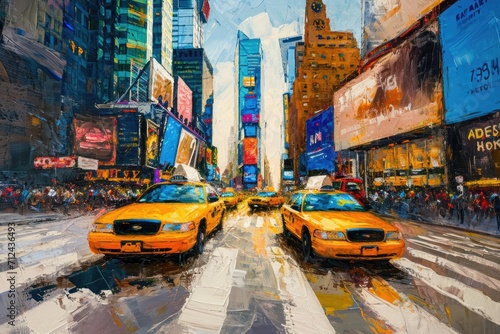 Leinwand Poster A vibrant painting capturing the bustling atmosphere of a city street filled with colorful taxi cabs