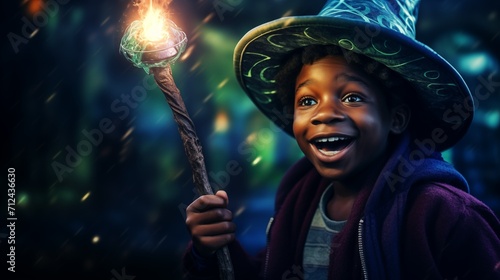 A black wizard boy in a conical hat holds a magic staff and casts a magic spell that radiates energy