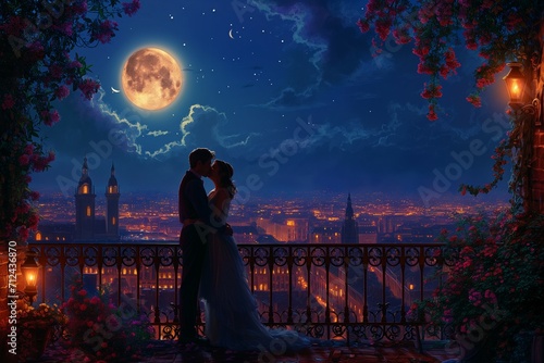 A couple sharing a quiet kiss on a moonlit balcony