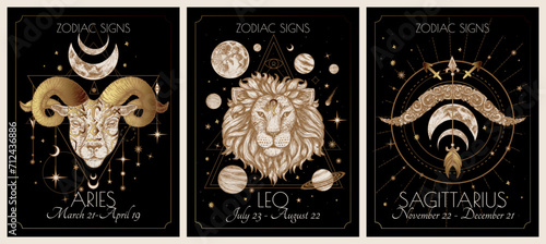 Vector illustration of zodiac signs card. Signs of the element of fire. Aries, Leo, Sagittarius. Gold on a black background in engraving style