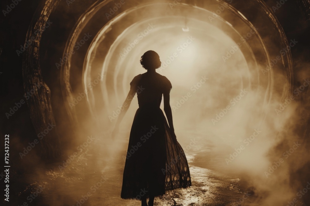 A woman in a long dress standing in a tunnel. Perfect for fashion, mystery, or urban themes