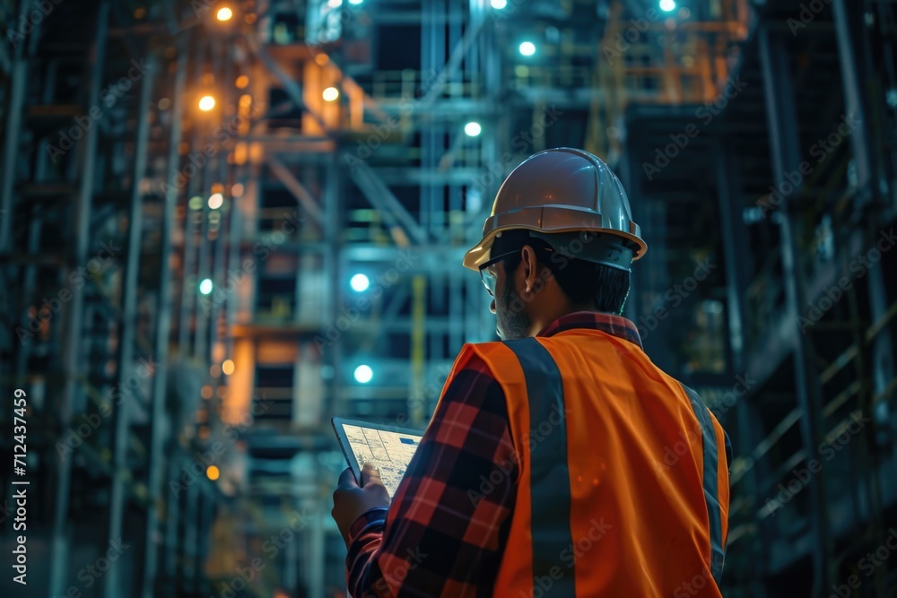 A man wearing a hard hat and safety vest holding a tablet. This image can be used to depict a construction worker or engineer using technology on the job A man wearing a hard hat and safety vest holding a tablet. This image can be used to depict a construction worker or engineer using technology on the job