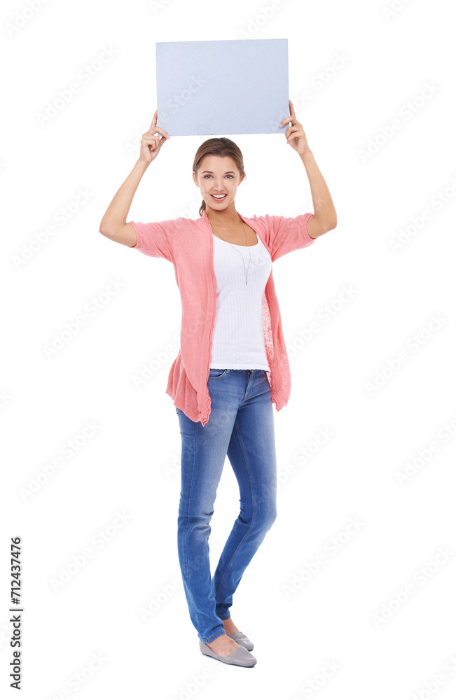 Portrait, happy woman and mockup of poster, presentation or broadcast deal, advertising news or promotion in studio on white background. Board, sign and feedback of launch, commercial or ads about us Portrait, happy woman and mockup of poster, presentation or broadcast deal, advertising news or promotion in studio on white background. Board, sign and feedback of launch, commercial or ads about us