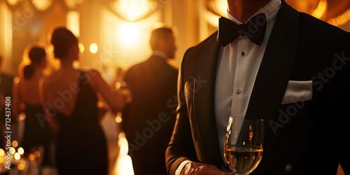 A sophisticated man dressed in a tuxedo holds a glass of wine. Suitable for various occasions photo