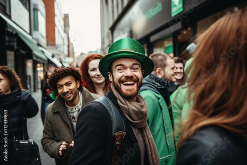 St patrick's day festival, people dressed in a traditional green ceremonial suits