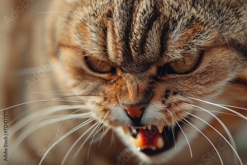 Close-up of a cat showing its open mouth. Suitable for various uses