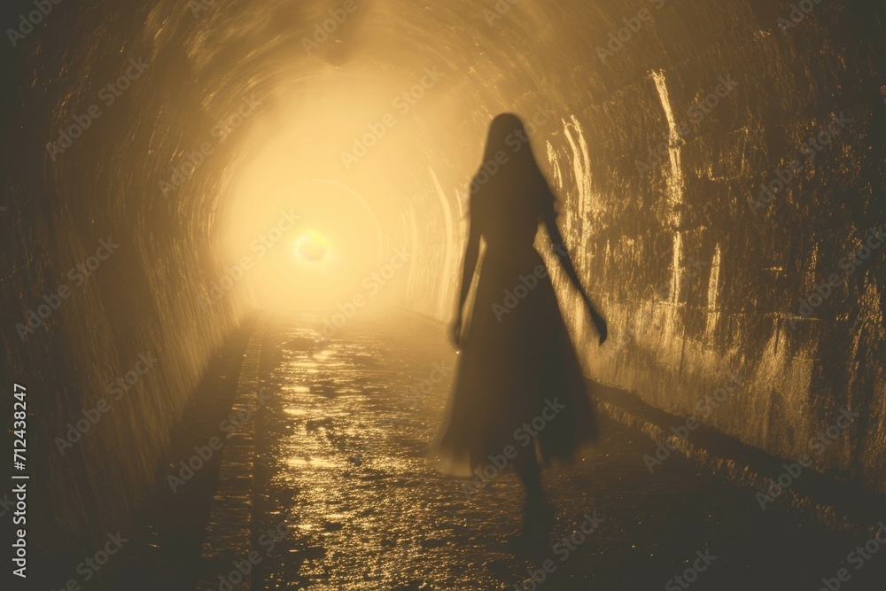 Woman walking through a tunnel with a visible light at the end. This image can be used to represent hope, progress, or a journey towards a brighter future Woman walking through a tunnel with a visible light at the end. This image can be used to represent hope, progress, or a journey towards a brighter future