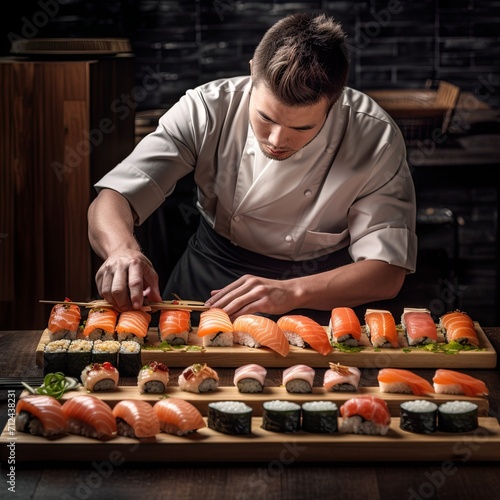 A man in a chef's uniform preparing sushi
