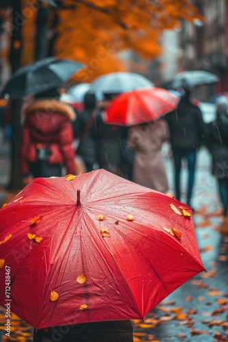 A group of people walking down a street, all holding umbrellas. This image can be used to depict a rainy day or to represent unity and solidarity in a community
