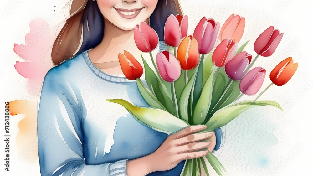 Woman with a bouquet of tulips. Background for March 8.