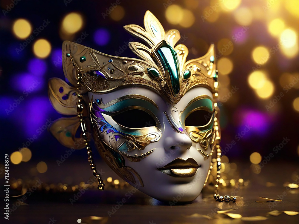 Mardi Gras Shiny Golden Carnival mask Background. Generative AI