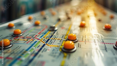 A detailed close-up view of a subway map featuring orange buttons. This image can be used to illustrate transportation systems, urban navigation, or public transit concepts