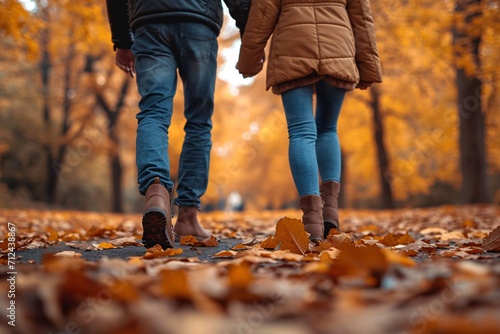 Autumnal photo of a youthful pair strolling through a park.