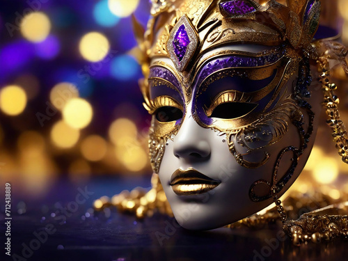 Mardi Gras Shiny Golden Carnival mask Background. Generative AI