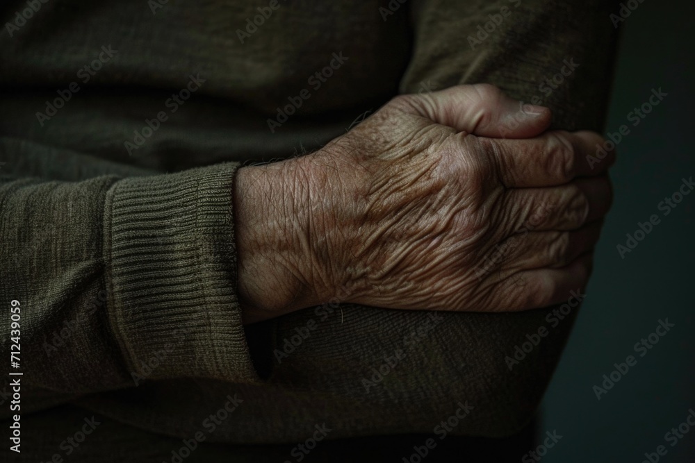 Fototapeta premium An older person holding their hands together. Suitable for themes of unity, support, and connection. Ideal for websites, blogs, or articles related to aging, family, love, and togetherness