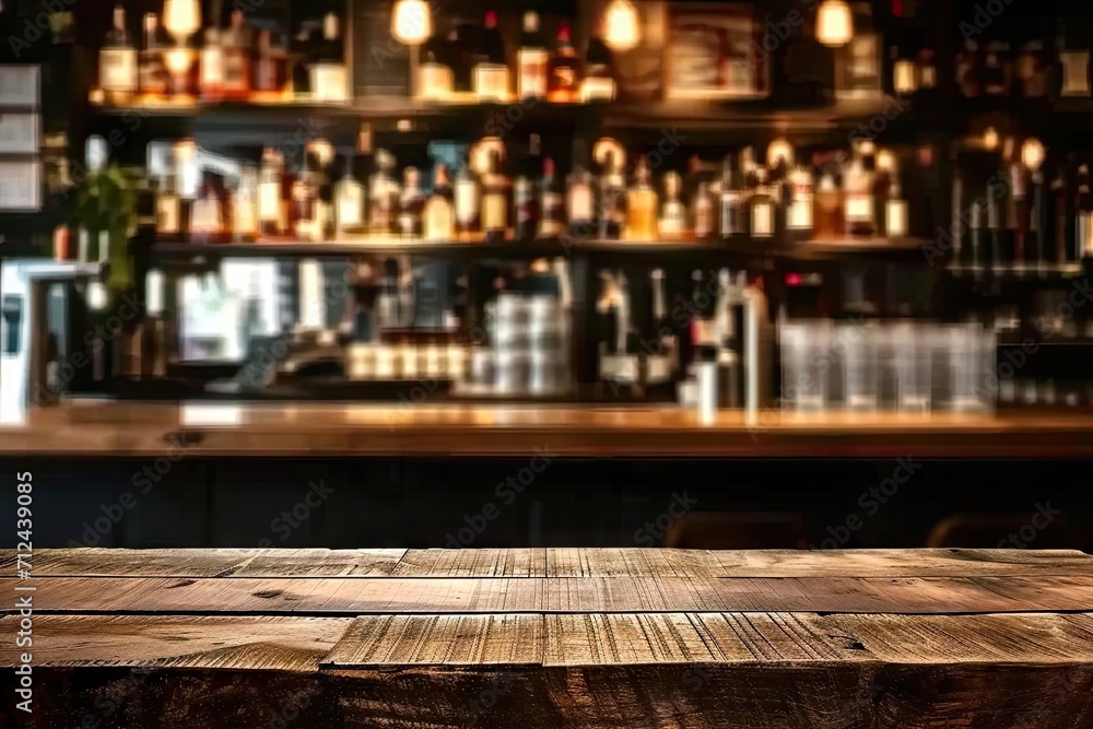 Bar table interior in pub with wooden counter background desk space blurred light for drink design cafe top in coffee restaurant vintage retro style wine shop brown alcohol abstract blurry kitchen