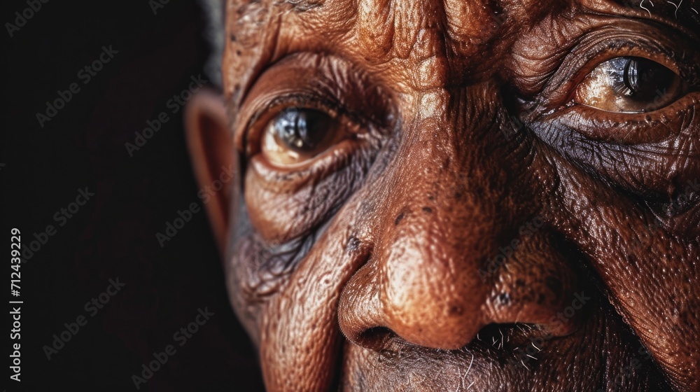 A detailed view of a man's face showing prominent wrinkles. This image can be used to depict aging, skincare, or the effects of time on the human body