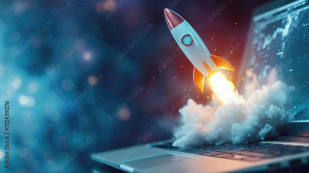 A rocket is launching out of a laptop, symbolizing innovation and technology. This image can be used to represent advancements in digital technology or the concept of launching a new idea or project - obrazy, fototapety, plakaty 