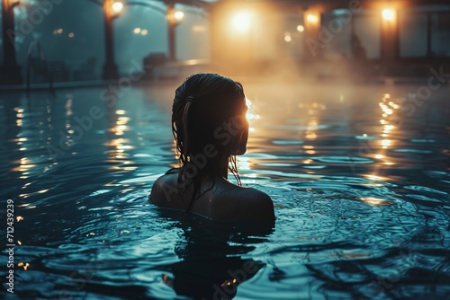 Lady glides in nocturnal pool with mist ascending, amid hues of golden and blue, with focused view.