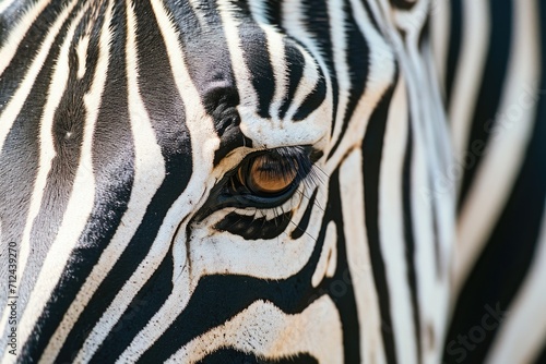 A detailed close up of a zebra's eye. This image can be used for various purposes such as wildlife articles, educational materials, or nature-themed designs