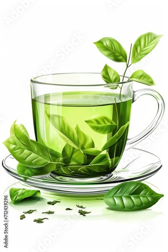A refreshing cup of green tea with leaves on a saucer. Perfect for promoting relaxation and wellness