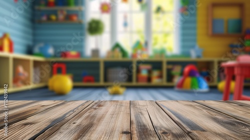 Unoccupied wooden table against a blurred backdrop of a child's playroom with toys. Promotional exhibit.