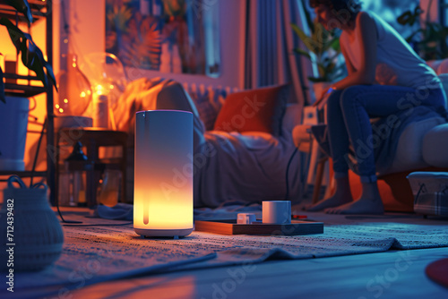 A smart home speaker illuminates a cozy living room where a woman is interacting with a mobile device in the background.