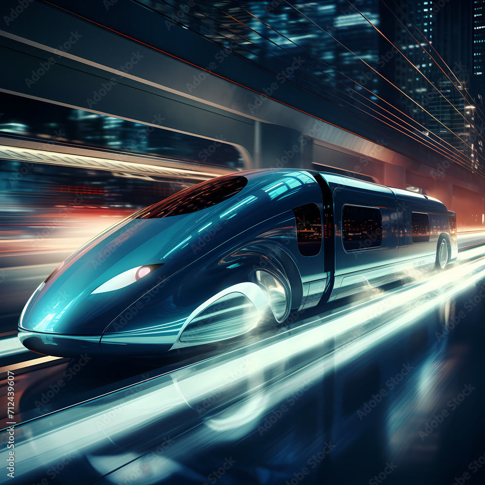A futuristic high-speed train in motion.