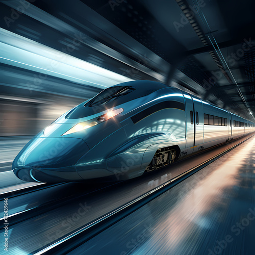 A futuristic high-speed train in motion.