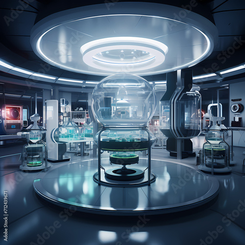 A futuristic laboratory with high-tech equipment.