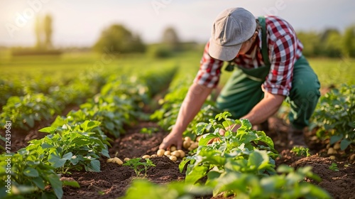 Farmer examining potato harvest in field.