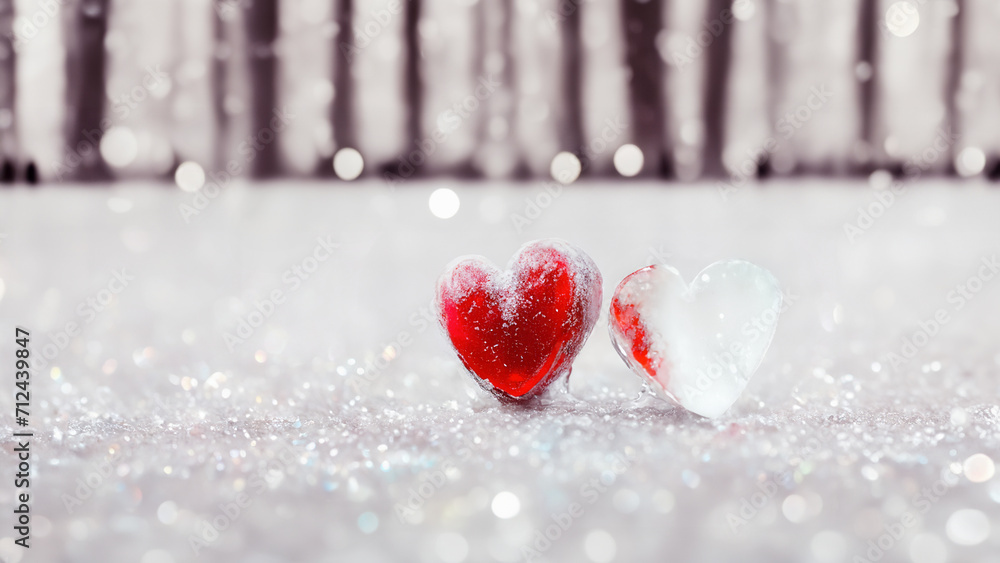 Fototapeta premium Two red hearts resting in glitter snow against winter background, process in falling in love, valentine's concept. Gen ai, PS